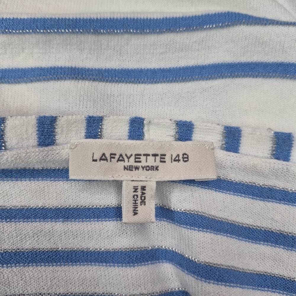 Lafayette 148 Sweater White Blue Striped V Neck Nautical Lightweight Womens Sz M - Picture 8 of 9